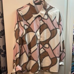 SHEIN Pink and Brown Geometric Button Down Shirt